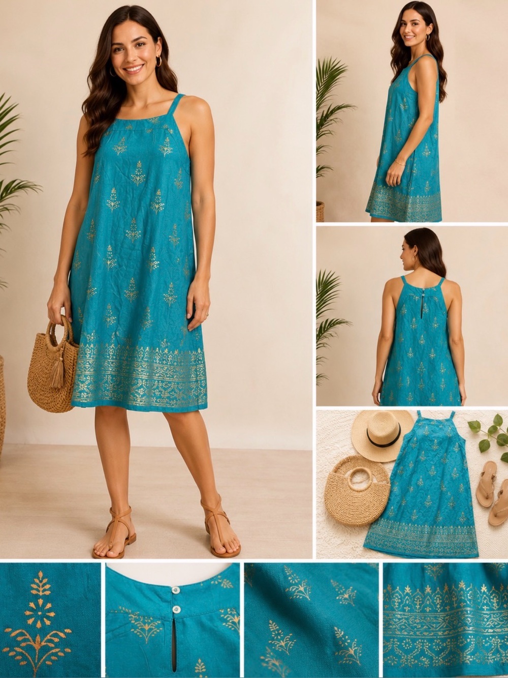 NWT Green Turquoise & Gold Metallic Bohoindie Sleeveless Dress, Size L